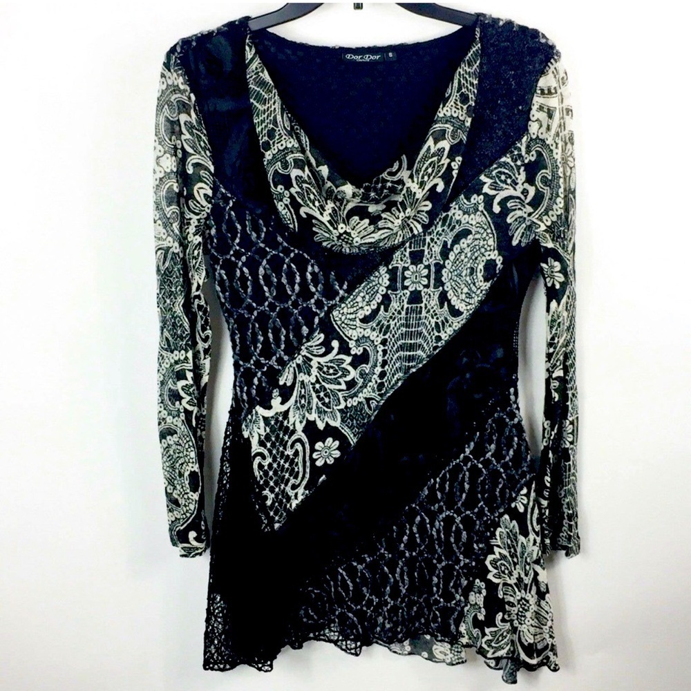 Dor Dor Coutour Tunic Lace Top Cowl Neck Asymetric Mixed Media Size M Black